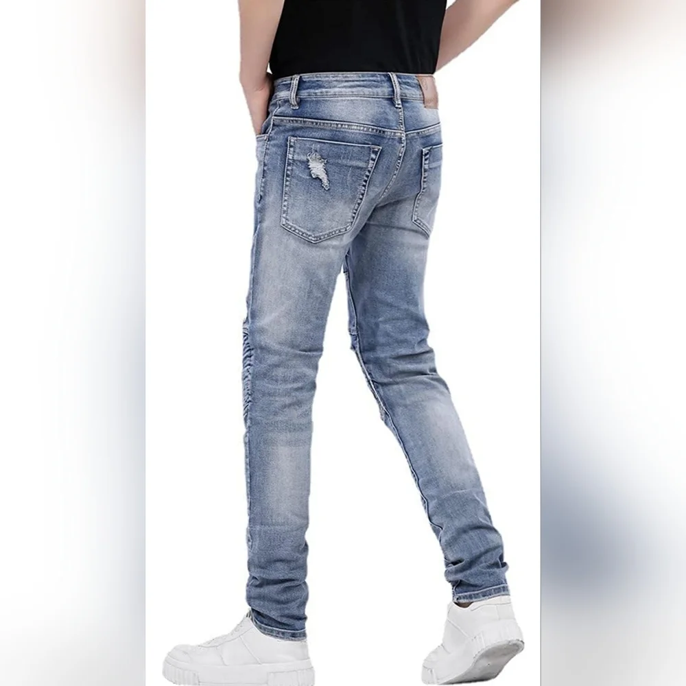 Mens Slim Fit Distressed Straight Leg Denim Jeans - Picture 4 of 5